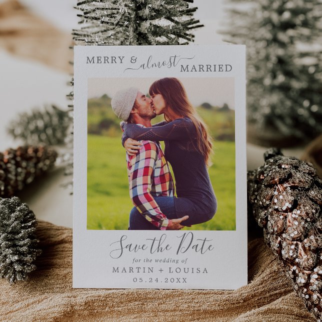 Minimal Silver Merry Almost Married Save the Date Holiday Card (Creator Uploaded)