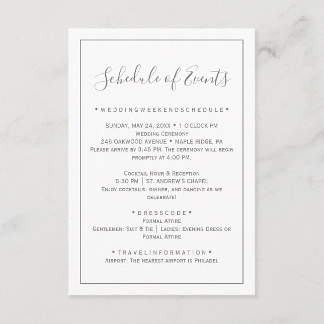 Minimal Silver Wedding Schedule Card (Front)
