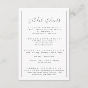 Minimal Silver Wedding Weekend Schedule of Events Enclosure Card