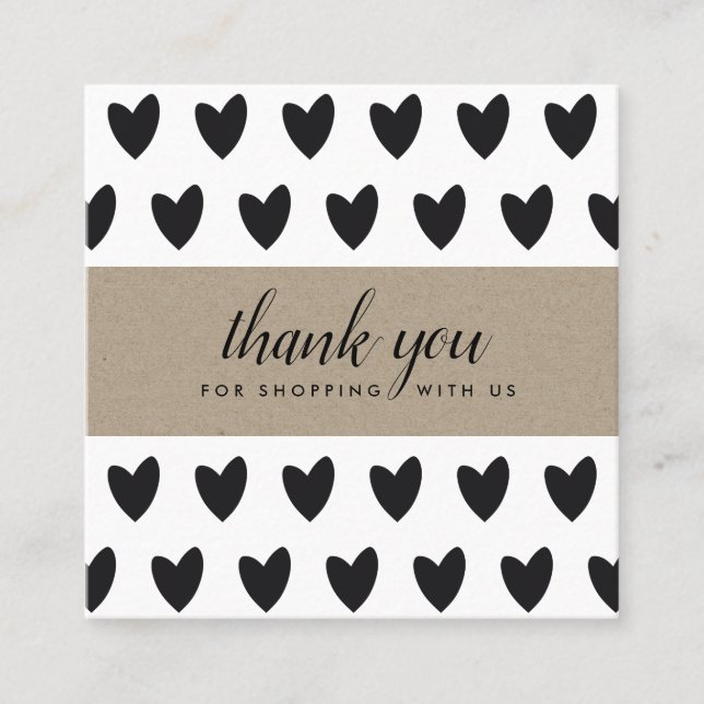 MINIMAL SIMPLE BLACK KRAFT HEART  THANK YOU LOGO SQUARE BUSINESS CARD (Front)