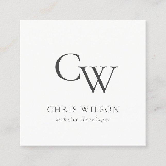 Minimal Simple Black & White Monogram Initial Square Business Card (Front)