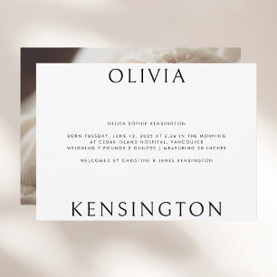 Minimal Simple Black White Photo Baby Birth Announcement