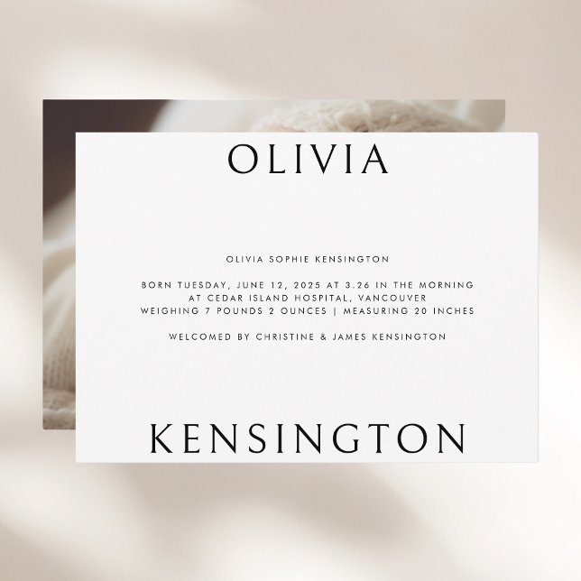 Minimal Simple Black White Photo Baby Birth Announcement (Creator Uploaded)