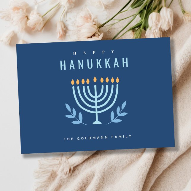 Minimal Simple Blue Menorah Candles Happy Hanukkah Holiday Card (Creator Uploaded)