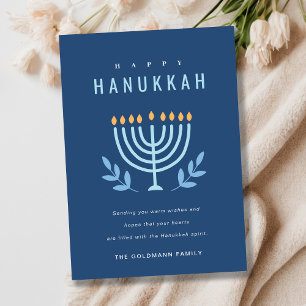 Minimal Simple Blue Menorah Candles Happy Hanukkah Holiday Card