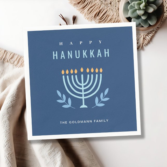 Minimal Simple Blue Menorah Candles Happy Hanukkah Napkin (Creator Uploaded)