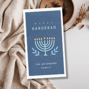 Minimal Simple Blue Menorah Candles Happy Hanukkah Napkin