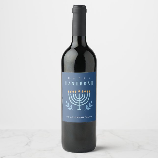 Minimal Simple Blue Menorah Candles Happy Hanukkah Wine Label (Front)