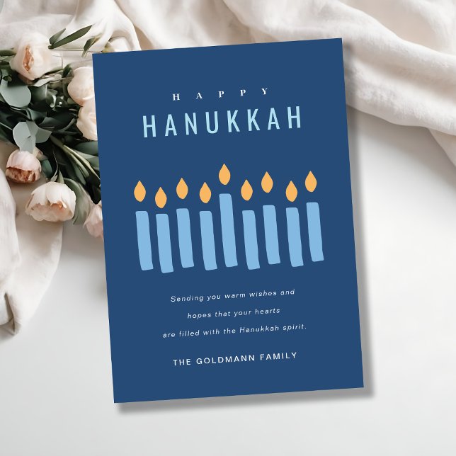 Minimal Simple Blue Yellow Candles Happy Hanukkah Holiday Card (Creator Uploaded)