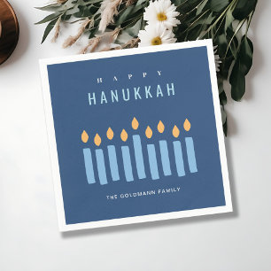 Minimal Simple Blue Yellow Candles Happy Hanukkah Napkin