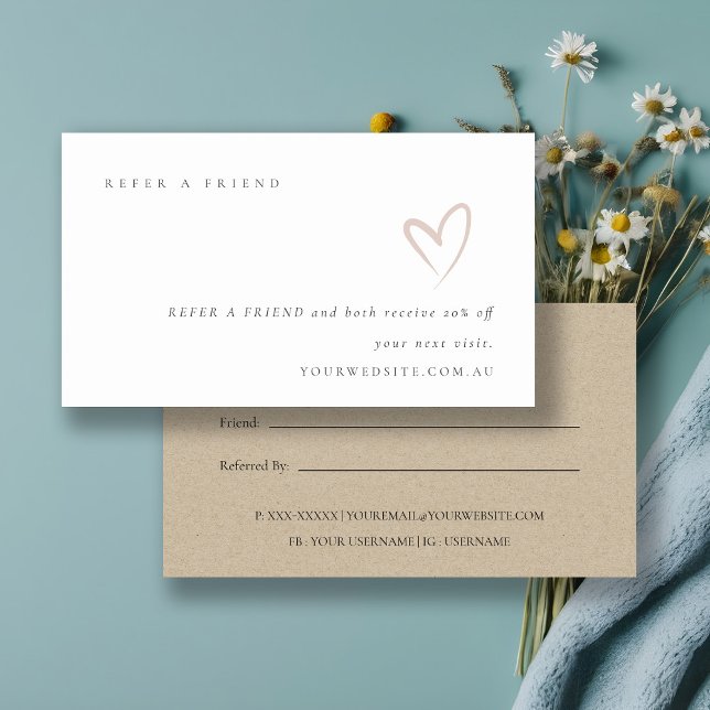 Minimal Simple Blush Heart Refer a Friend Discount Business Card (Creator Uploaded)