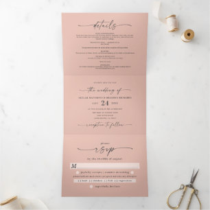 Minimal Simple Blush Pink Bold Names Wedding Tri-Fold Invitation