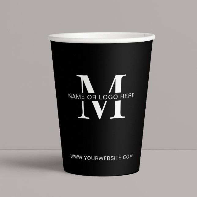 Minimal Simple Business Logo Custom Company Event Paper Cups (Simple black and white monogram business branded coffee cups)