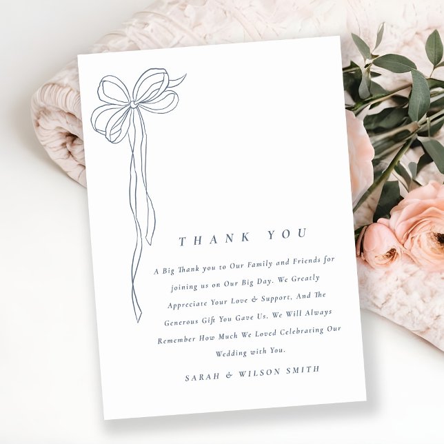 Minimal Simple Dusky Blue Coquette Bow Wedding Thank You Card (Creator Uploaded)