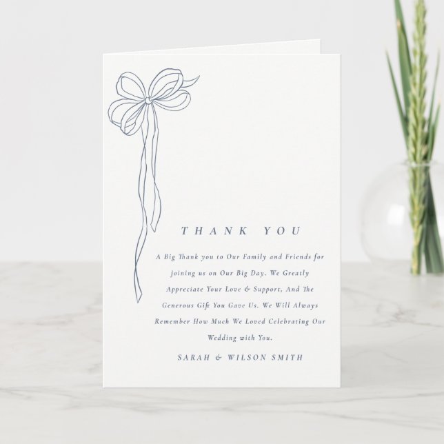 Minimal Simple Dusky Blue Coquette Bow Wedding Thank You Card (Front)