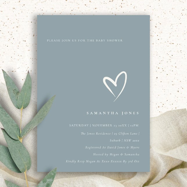 Minimal Simple Dusky Blue Heart Baby Shower Invite (Creator Uploaded)