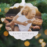 Minimal Simple Elegant Christmas Couple Photo Tree Decoration Card<br><div class="desc">A stylish holiday photo ornament with classic typography “Happy Holidays” in black on a clean simple minimalist white background. The photo, name and greeting can be easily customised for a personal touch. A simple, minimalist and contemporary christmas design to stand out this holiday season! The image shown is for illustration...</div>