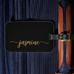 Minimal Simple Girly Black Gold Calligraphy Script Luggage Tag<br><div class="desc">Girly Feminine Minimalist Simple Clean Black and Gold Monogram Name Signature Script Custom Personalised Luggage Bag Tag. This design featuring your first name in a pretty hand lettered style swash tail font signature typography (or calligraphy) in gold on black background. These are easy to customise it. Stylish feminine gift for...</div>