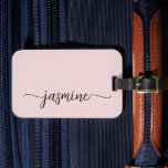 Minimal Simple Girly Blush Pink Calligraphy Script Luggage Tag<br><div class="desc">Girly Feminine Minimalist Simple Clean Blush Pink Monogram Name Signature Script Custom Personalised Luggage Bag Tag. This design featuring your first name in a pretty hand lettered style swash tail font signature typography (or calligraphy) on dusty pink or light pastel blush pink background. These are easy to customise it. Stylish...</div>