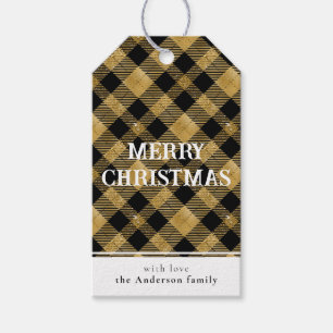 Minimal Simple Gold Buffalo Plaid Merry Christmas Gift Tags