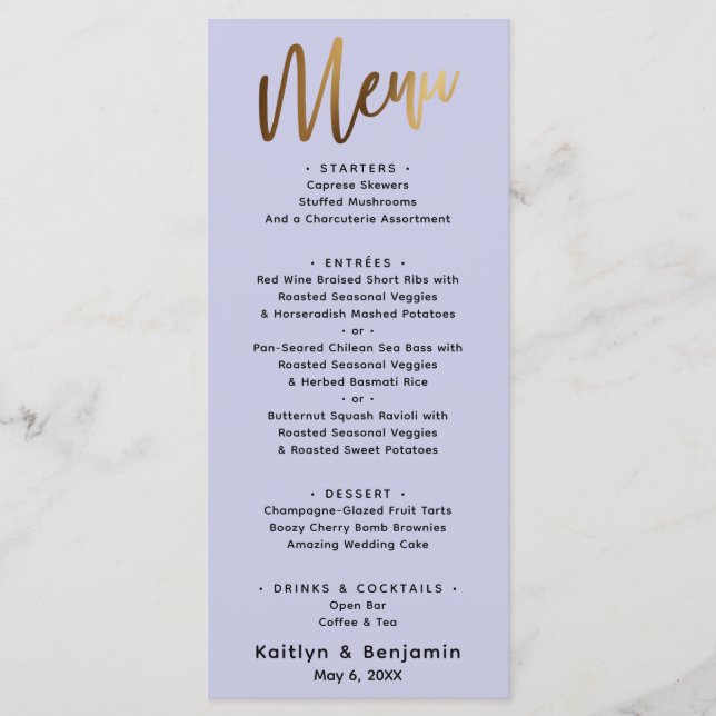 Minimal Simple Gold Typography Lavender Menu (Front)