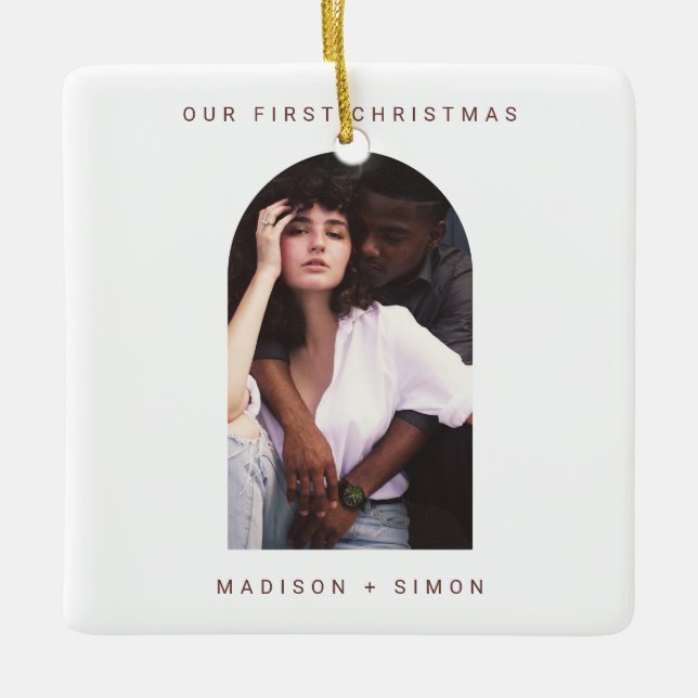 Minimal Simple Merry and Married Photo Ceramic Ornament (Front)