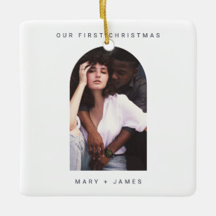 Minimal Simple Merry and Married Photo Ceramic Ornament