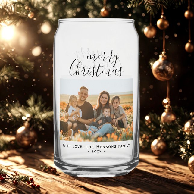 Minimal Simple Merry Christmas Script Family Photo Can Glass (Creator Uploaded)