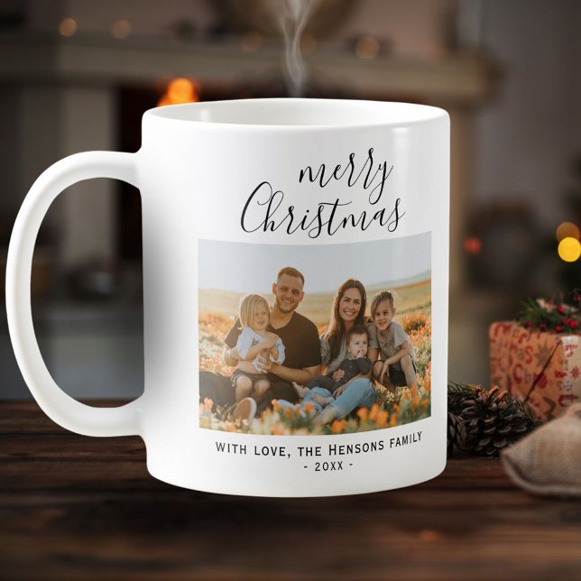Minimal Simple Merry Christmas Script Family Photo Coffee Mug (Creator Uploaded)