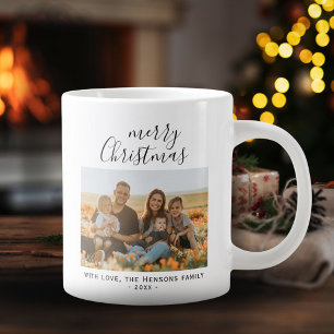 Minimal Simple Merry Christmas Script Family Photo Large Coffee Mug