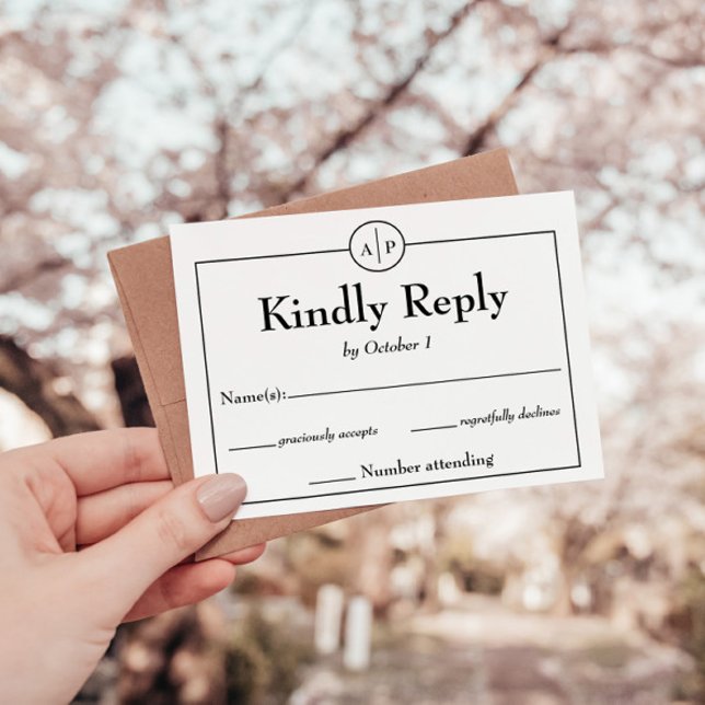 Minimal Simple Monogram Initial Wedding RSVP Card (simple modern black and white monogram initial rsvp wedding response card)