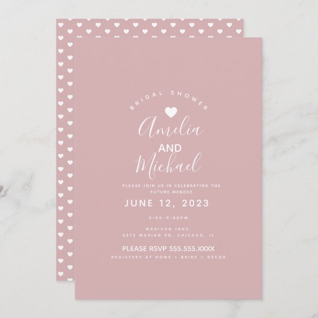 Minimal Simple Muted Pink Hearts Bridal Shower Invitation (Front/Back)