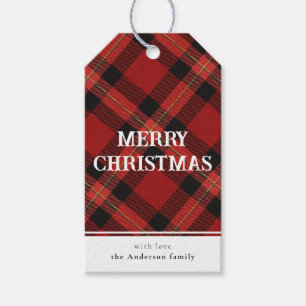 Minimal Simple Red Buffalo Plaid Merry Christmas Gift Tags
