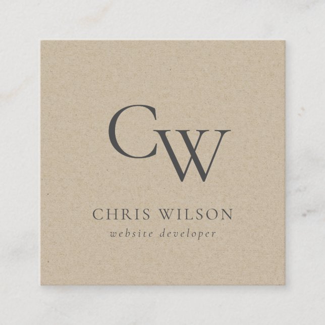 Minimal Simple Rustic Kraft Monogram Initial Square Business Card (Front)