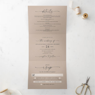 Minimal Simple Taupe Beige Bold Names Wedding Tri-Fold Invitation