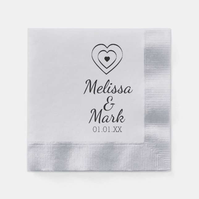 Minimal Simple Triple Hearts Hand Drawn Silver Napkin (Front)