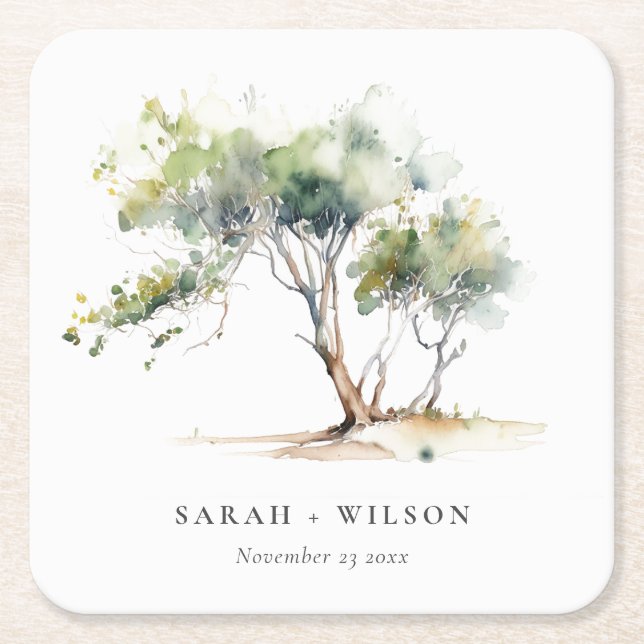 Minimal Simple Watercolor Botanical Tree Wedding Square Paper Coaster (Front)
