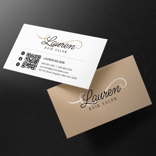 Minimal Simple White Biege Hairstylist QR Code Business Card (Creator Uploaded)