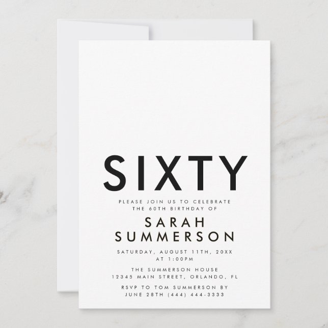 Minimal Sixty Black White 60th Birthday Invitation (Front)
