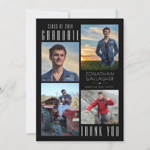 Minimal Sleek GRADUATE THANK YOU Four Photos Black Card