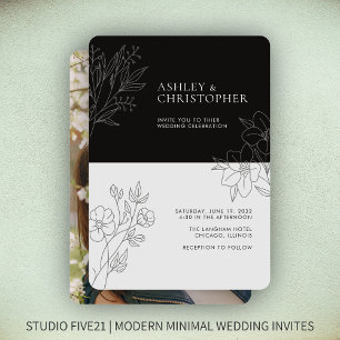 Minimal Smokey Black Foliage Outline Photo Wedding Invitation