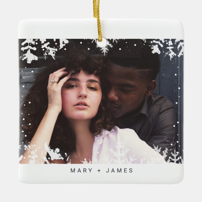 Minimal Snowflakes Frame | Merry and Married Photo Ceramic Ornament (Front)