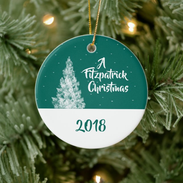 Minimal Snowy Tree Teal and White Holiday Keepsake Ceramic Tree Decoration (Tree)