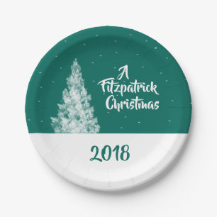 Minimal Snowy Tree Teal and White Holiday Party Paper Plate