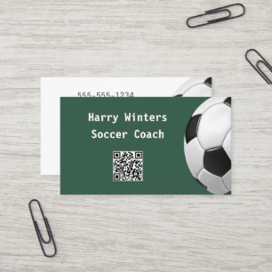 Minimal Soccer Ball Green QR Code Football Coach Business Card