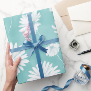Minimal Soft Blue Mint Daisy Watercolor Pattern Wrapping Paper