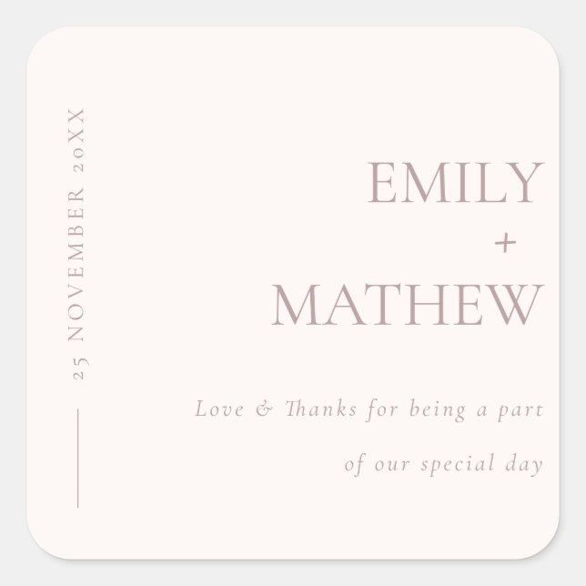 MINIMAL SOFT BLUSH PINK TYPOGRAPHY WEDDING SQUARE STICKER (Front)