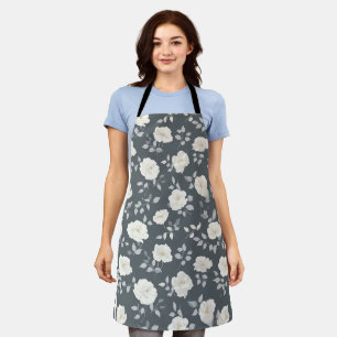 Minimal Soft Grey Rose White Floral Pattern Apron