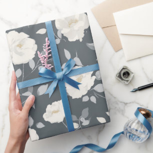 Minimal Soft Grey Rose White Floral Pattern Wrapping Paper