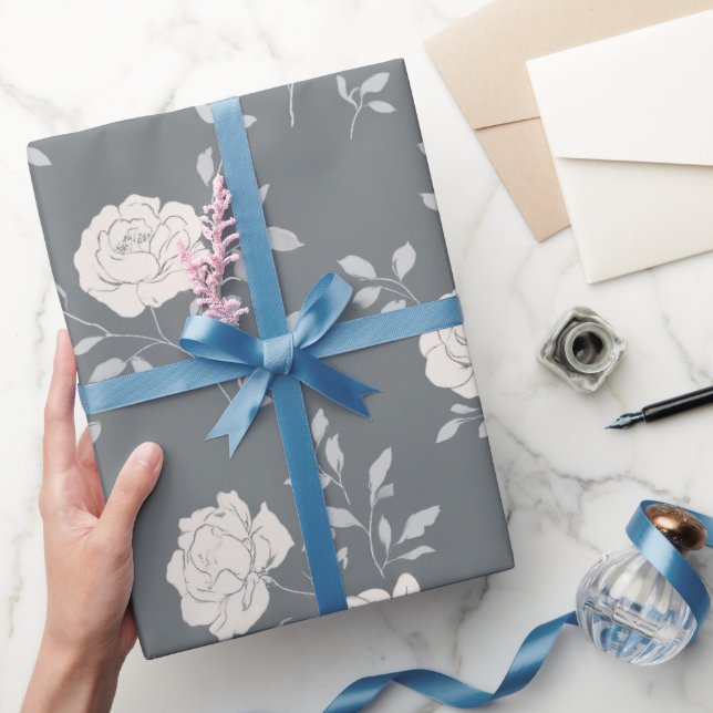 Minimal Soft Grey Rose White Floral Pattern Wrapping Paper (Gifting)